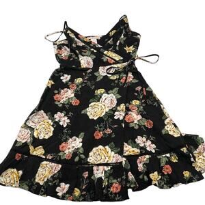 BOG‎ COLLECTIVE Small Black Pink Floral Faux Wrap Mini Sundress Shirred Ruffles